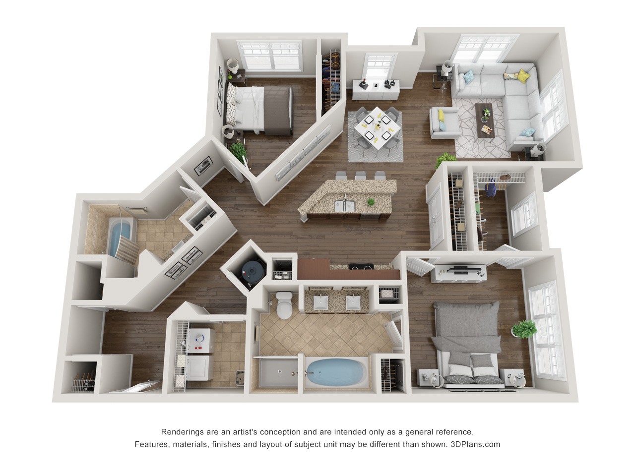 Floor plan for 2 beds, 2 baths, 1275 sqft